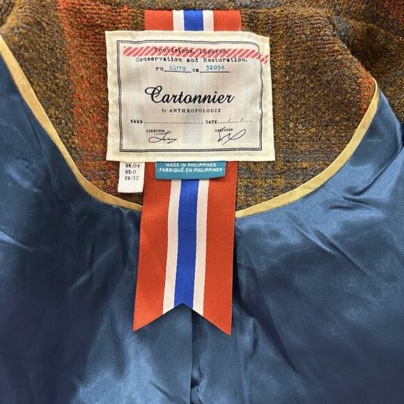 Anthropologie Cartonnier Size 0 XS Plaid Wrap Fringed Tweed Jacket Blazer - Picture 2 of 6